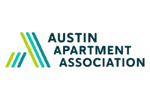 Austin Apartment Association logo, which consists of white text on a white background with green and blue lines