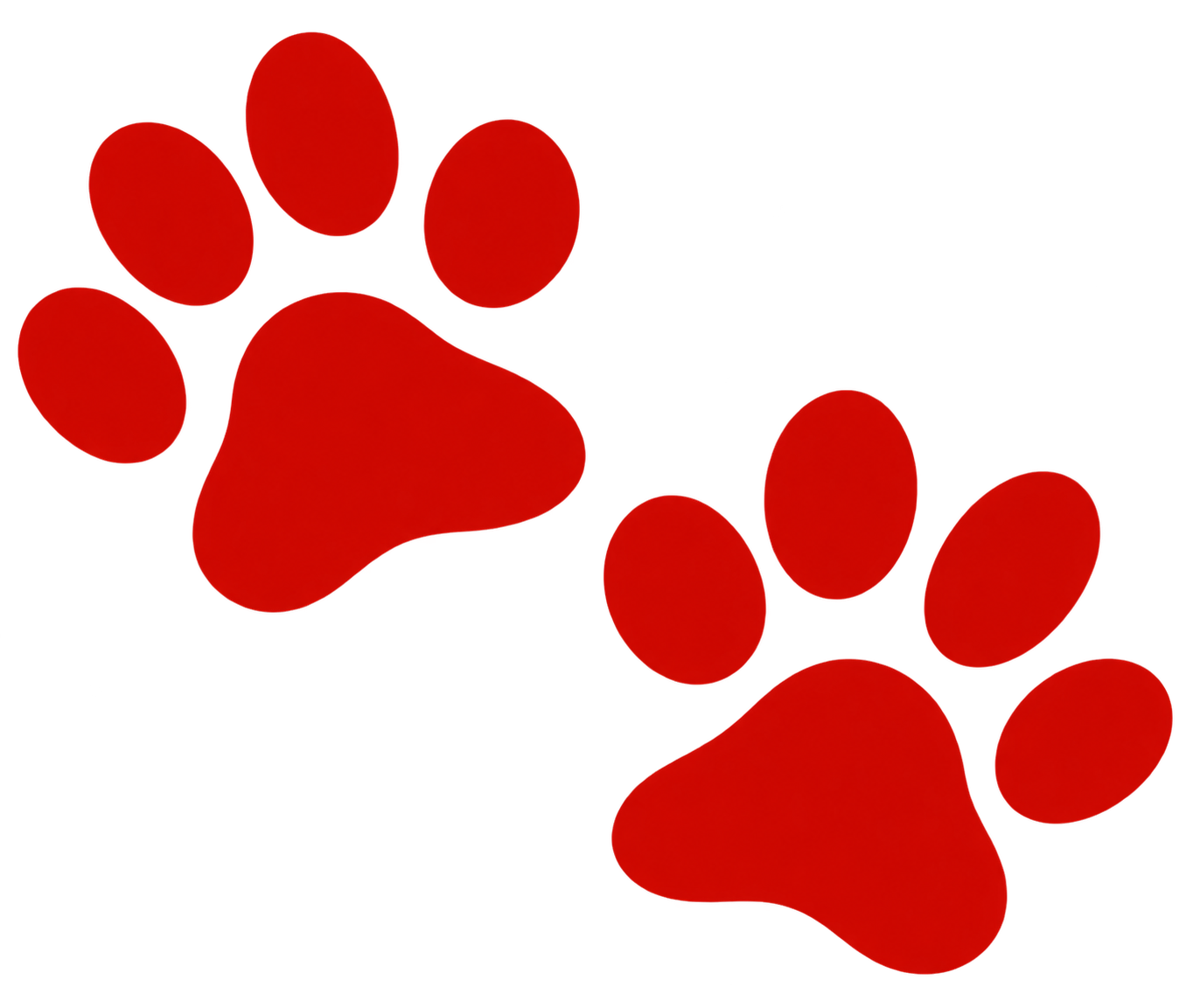 Red paw print on a white background, creating a vivid contrast between the two colors